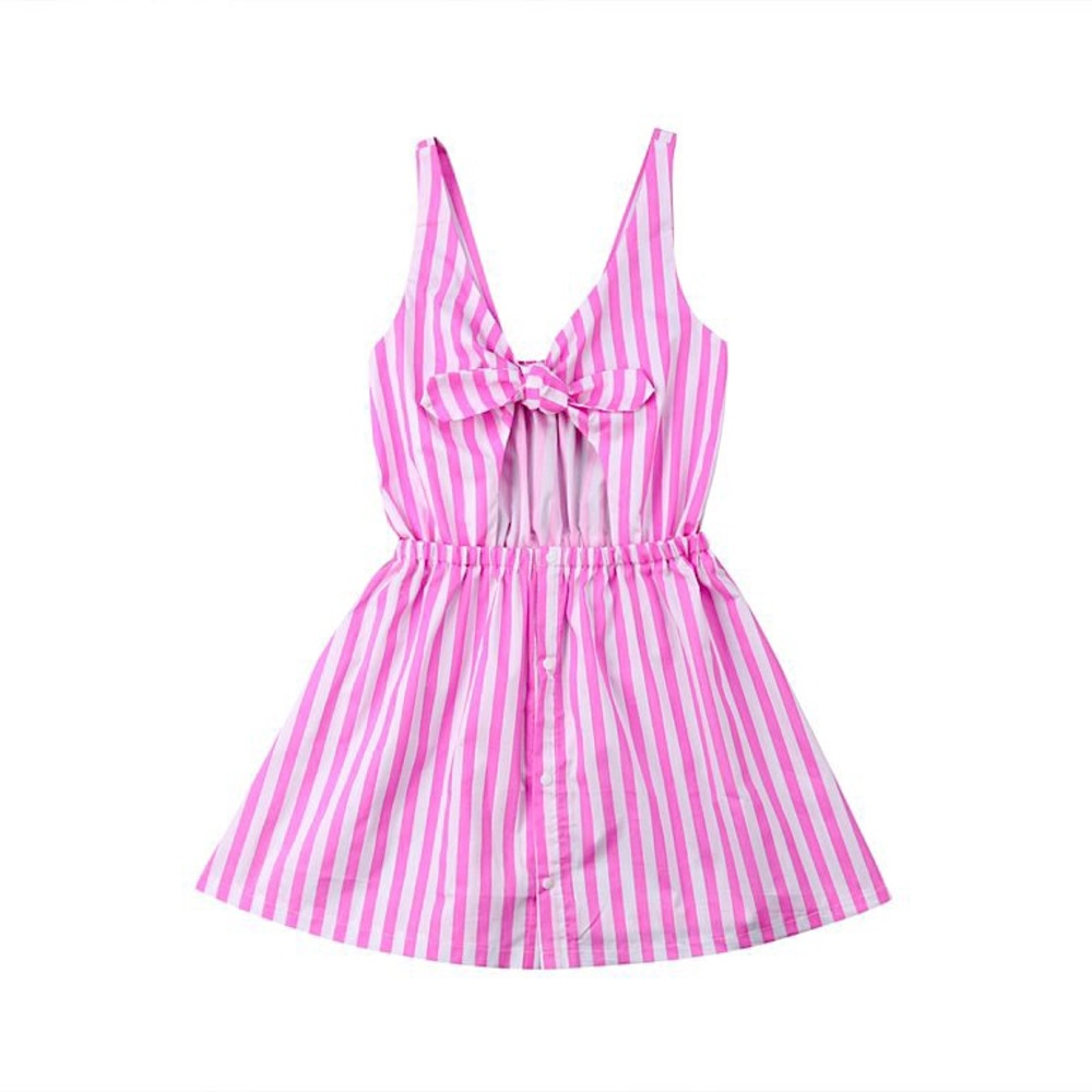 PINK Vertical Stripe Sleeveless A-line Cotton Summer Dress with Bowknot | Size M